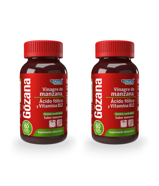 Vinagre de Manzana + ácido fólico + B12 3g de CMD -  DUO: GOZANA | Apoyo de la función cardiovascular y del sistema nervioso | 120 gomitas masticables sabor manzana