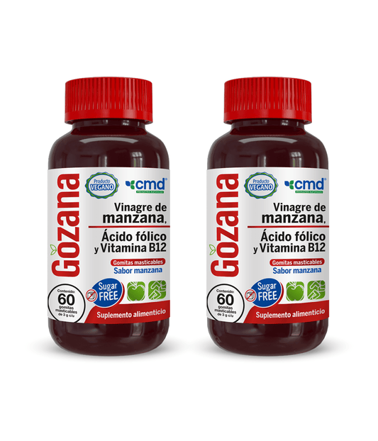 Vinagre de Manzana con ácido fólico y B12 3g de CMD -  DUO: GOZANA | Apoyo de la función cardiovascular y del sistema nervioso | 120 gomitas masticables sabor manzana