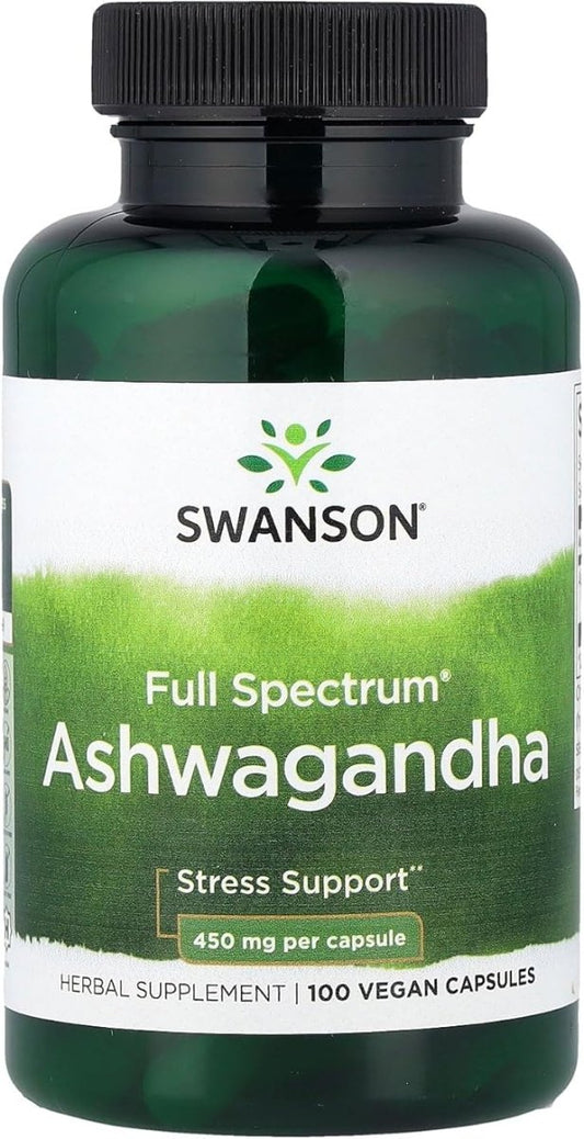 Ashwagandha 450mg de Swanson | Combate el estrés y la ansiedad, promoviendo el bienestar general | 100 cápsulas vegetales