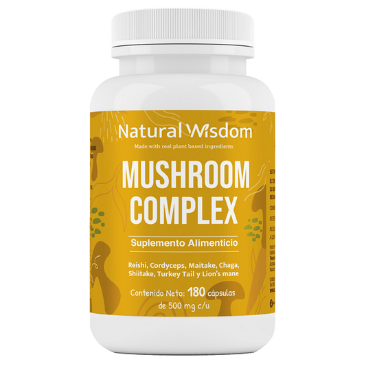 Reishi, Cordyceps, Chaga, Maitake, Shiitake, Melena de León, Tulsi - Mushroom Complex 500 mg de Natural Wisdom | Apoyo inmunológico y  Resistencia al estrés | 180 cápsulas vegetales