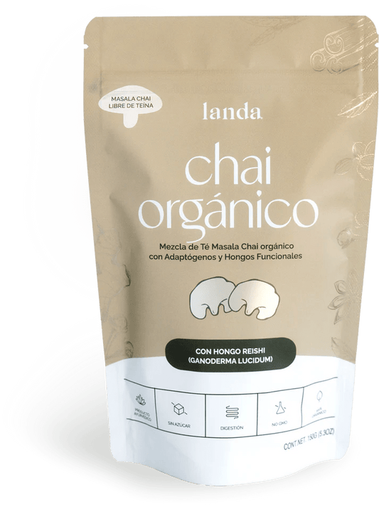 Té Masala Orgánico, Jengibre, Canela, Pimienta & Reishi 5g de Landa Adaptógenos | Bienestar Digestivo - Antioxidante - Vitalidad | Polvo de 140g - 36 porciones