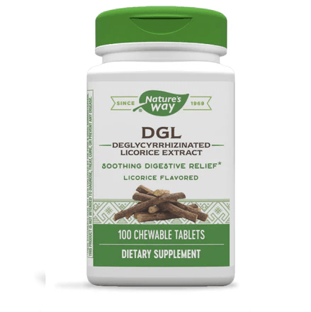 Extracto de Regaliz Deglicirrizado (DGL) 75 mg con Glicina de Nature's Way | Ayuda en el alivio de la acidez estomacal | 100 Tabletas Masticables Sabor Regaliz