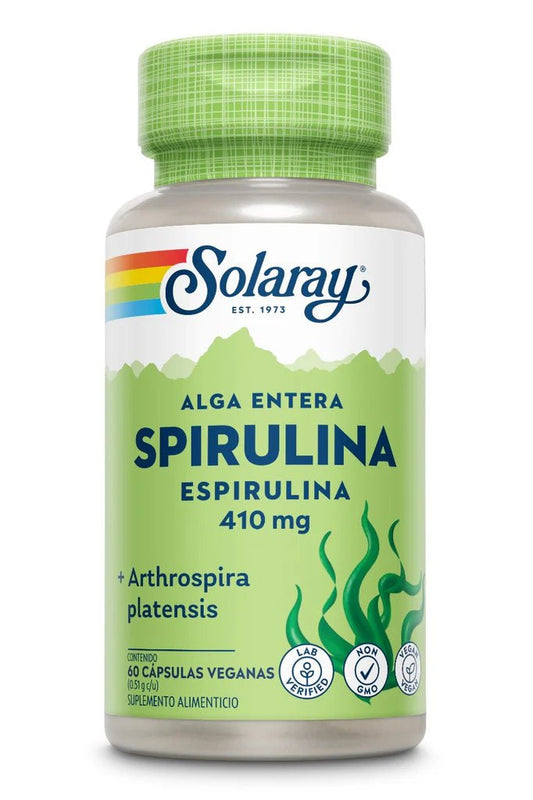 Spirulina / Espirulina (Alga Entera Orgánica) 410 mg de Solaray | Funcionamiento cerebro-vascular, Mejora del sistema inmunológico | 60 cápsulas veganas