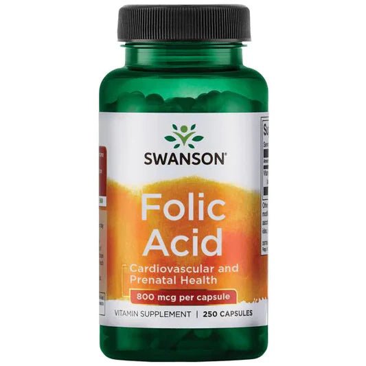 Ácido Fólico 800 mcg de Swanson |  Fortalece el sistema inmunológico, vital para la producción celular y del ADN| 250 cápsulas vegetales
