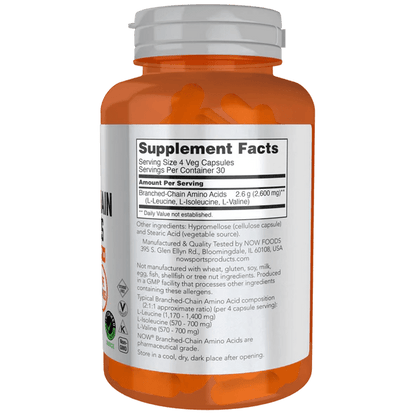 Aminoácidos BCAA 2600 mg de Now Sports | Favorece la recuperación muscular tras el ejercicio | 120 cápsulas