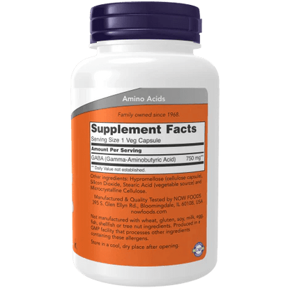 Ácido Gamma-Aminobutírico 750 mg - NOW Foods | Apoyo para la Relajación y el Equilibrio del Sistema Nervioso | 100 y 200 Cápsulas Vegetales