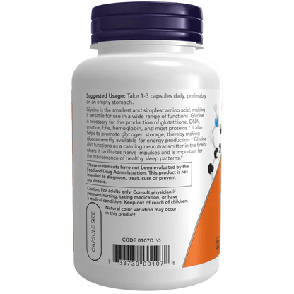 Glicina 1000 mg de Now Foods 1000 mg | Contribuye a la salud del sistema nervioso | 100 Cápsulas vegetales