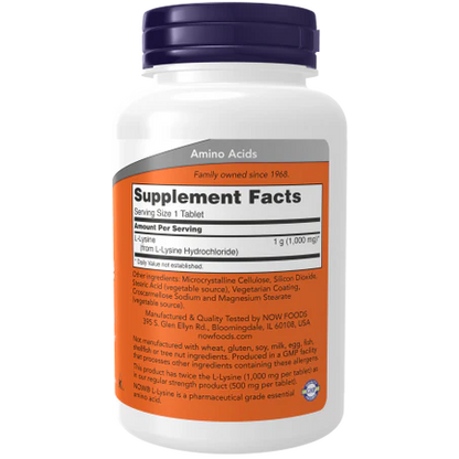 L-Lysine 1000 mg, NOW Foods | Refuerza la función inmunológica, piel, huesos y articulaciones | 100 tabletas