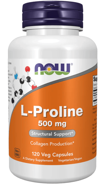 L-Prolina 500 mg de Now Foods | Contribuye a la firmeza y elasticidad de la piel | 120 Cápsulas