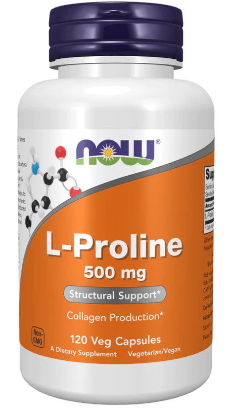 L-Prolina 500 mg de Now Foods | Contribuye a la firmeza y elasticidad de la piel | 120 Cápsulas