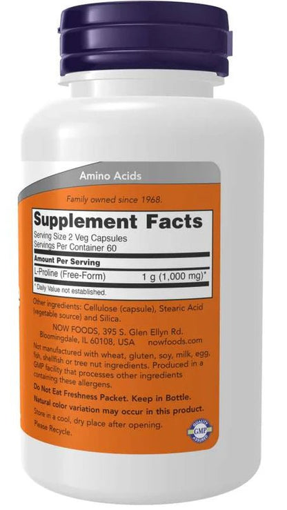 L-Prolina 500 mg de Now Foods | Contribuye a la firmeza y elasticidad de la piel | 120 Cápsulas