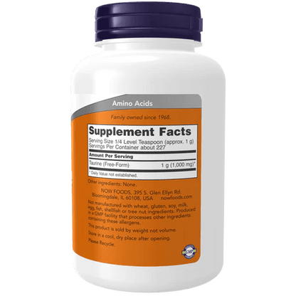 Taurina en Polvo Puro de Now Foods | Contribuye al equilibrio de electrolitos en el cuerpo | 227 g
