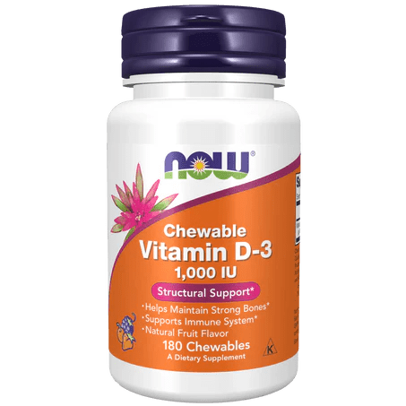 Vitamina D3 1000 IU de Now | Apoya del sistema inmune| 180 Cápsulas Masticables