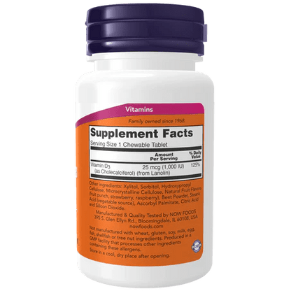 Vitamina D3 1000 IU de Now | Apoya del sistema inmune| 180 Cápsulas Masticables