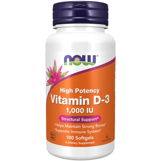 Vitamina D-3 1,000 IU Alta Potencia de NOW Foods | Apoyo Estructural para Huesos Fuertes e Inmunidad Saludable - No-OGM, Sin Gluten ni Derivados Lácteos |  180 Cápsulas Blandas Vegetales