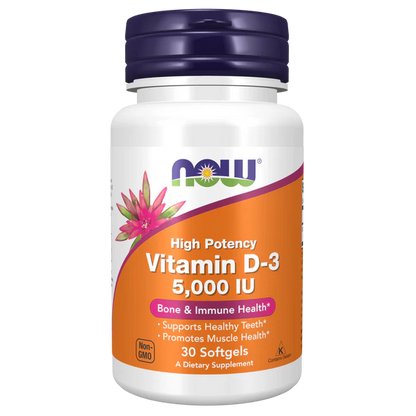 Vitamina D-3 5000 UI Alta Potencia, Soporte Inmunológico, Fortalece Dientes y Huesos, Mejora la Salud Muscular, No GMO | 30 y 120 Cápsulas