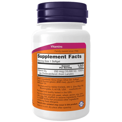 Vitamina D3 de NOW Foods 10000 IU | Favorece la absorción de calcio y fósforo | 240 cápsulas blandas
