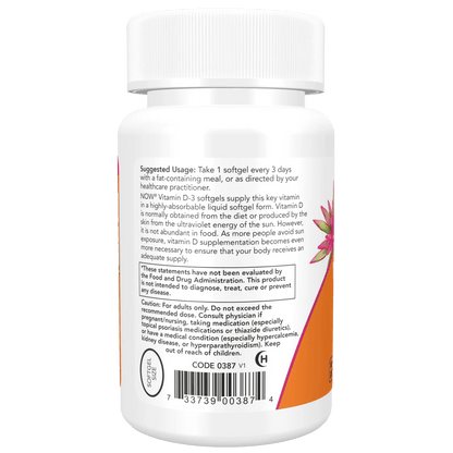 Vitamina D3 de NOW Foods 10000 IU alta potencia | Contribuye a mantener huesos y dientes fuertes | 30 cápsulas blandas