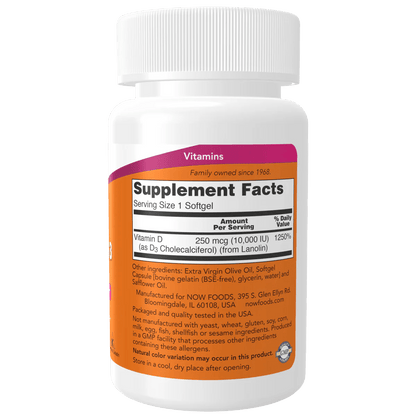Vitamina D3 de NOW Foods 10000 IU alta potencia | Contribuye a mantener huesos y dientes fuertes | 30 cápsulas blandas