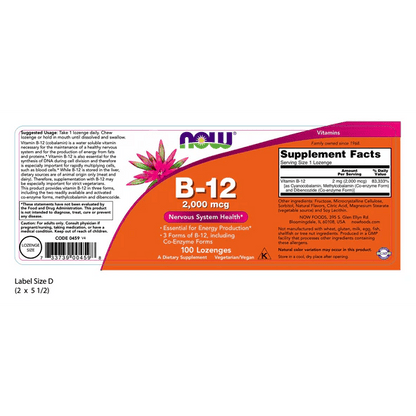 Vitamina B12 2000 mcg de NOW Foods | Ayuda a favorecer al funcionamiento del sistema nervioso central | 100 pastillas veganas