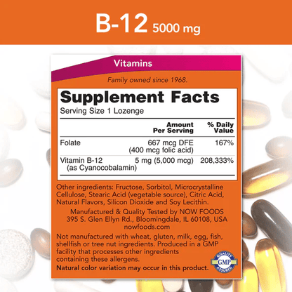 Vitamina B-12 5000mcg de NOW Foods - Apoyo para la función del Sistema Nervioso | 60 pastillas veganas