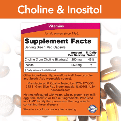 Colina 250 mg e Inositol 250 mg de NOW Foods | Apoya la Transmisión Nerviosa y el Metabolismo de Ácidos Grasos | 100 Cápsulas Vegetarianas