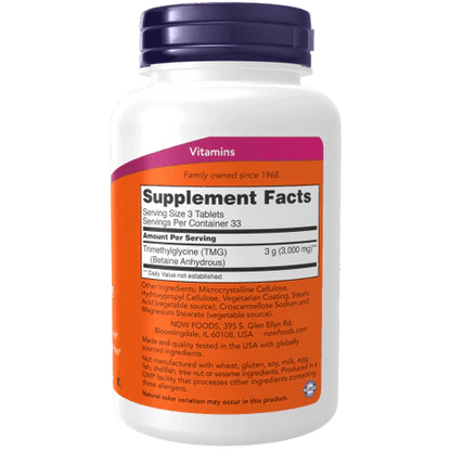 Betaína TMG de NOW | Metabolismo de la Homocisteína | 100 Tabletas