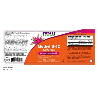 Methyl B-12, Vitamina B12 de NOW Foods 1000 mcg | Apoya el funcionamiento del sistema nervioso | 100 tabletas