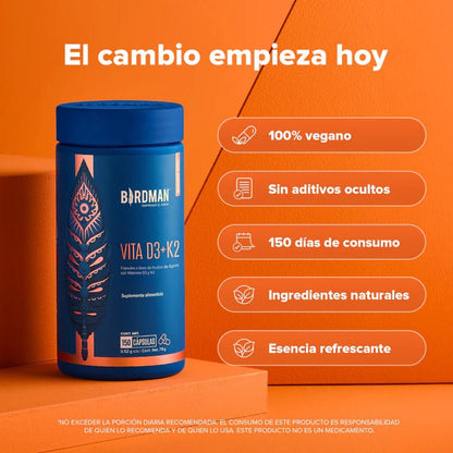 Vitamina D3 + K2 de Birdman | Función Inmune | 150 Cápsulas