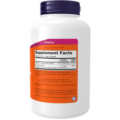 Vitamina C-1000 con Zinc de Now | Apoya la función respiratoria y defensas naturales | 180 cápsulas