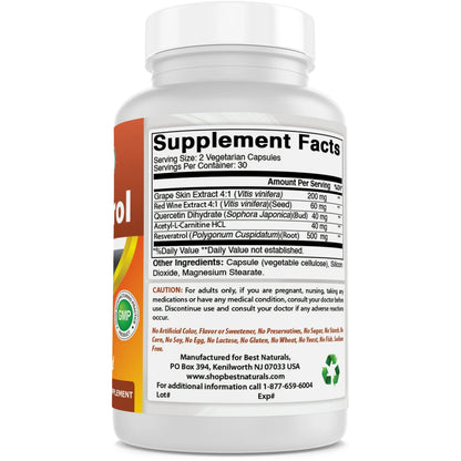 Resveratrol de Best Naturals | Antioxidante y Apoyo Cardiovascular | 500 mg 60 Cápsulas