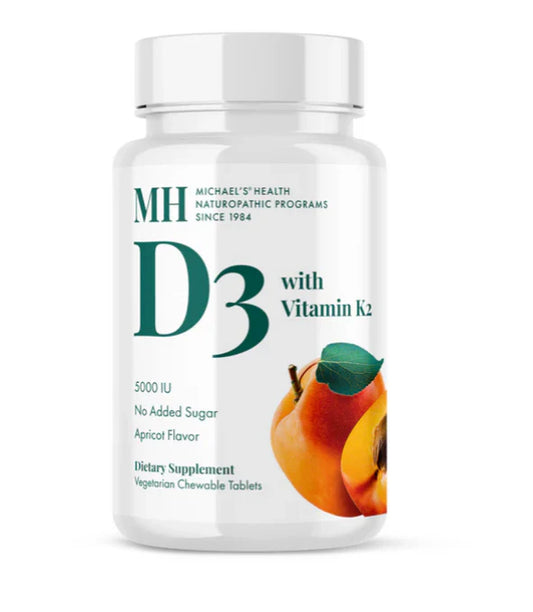 D3 5000 IU con Vitamina K2 90mcg de Michael's Health | Soporte del Sistema Óseo y Apoyo del Sistema Inmunológico | 90 Masticables Vegetarianos Sabor Albaricoque