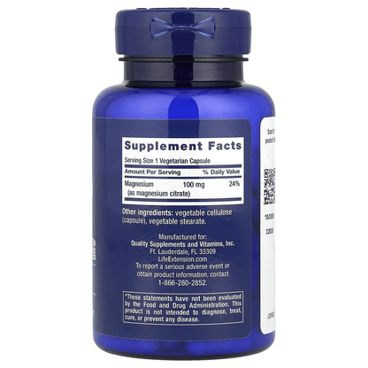 Citrato de Magnesio 100mg de Life Extension | Apoyo Cardiovascular y Muscular | 100 cápsulas vegetarianas