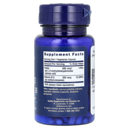 Folato Bioactivo 680mcg y Vitamina B12 300mcg de Life Extension | Apoyo del Sistema Cardiovascular | 90 cápsulas vegetarianas