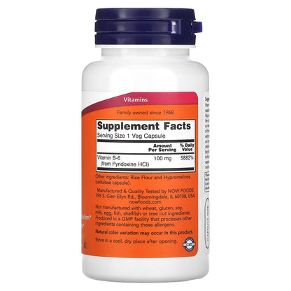 Vitamina B6 100 mg NOW Foods | Apoyo Cardiovascular y Función Nerviosa | 100 Cápsulas Vegetarianas