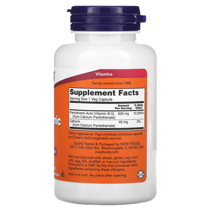Ácido Pantoténico 500 mg - Vitamina B5 Complejo B de NOW Foods para el Metabolismo Celular, Producción de Energía y Apoyo Nutricional Diario | 100 Cápsulas vegetales
