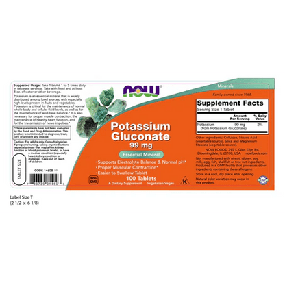 Potasio Gluconato de Now Foods | Función Muscular, ayuda en la recuperación tras ejercicio |  100 tabletas