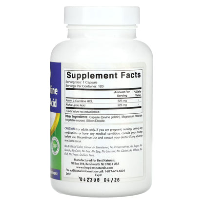 Acetil L-Carnitina y ALA de Best Naturals | Apoyo Energético y Antioxidante | 750 mg 120 Cápsulas