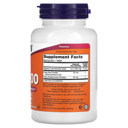 Vitamina C-1000 con Rosa Mosqueta y Bioflavonoides, 1000 mg, de NOW Foods | Protección Antioxidante para el Sistema Inmunológico | 100 Tabletas Vegetales