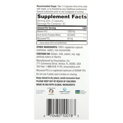 Betaína HCl Enzymedica con enzimas digestivas | Bienestar digestivo | 60 cápsulas