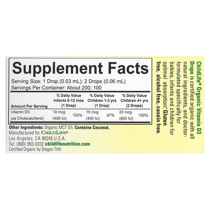 Vitamina D3 Orgánica 400 IU por gota de Child Life | Apoyo del Sistema Inmunitario para Niños | Liquido de 6.25 ml Sabor a Bayas Naturales