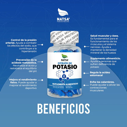 Citrato de Potasio 1000mg por porción de Natsa | Regula la Presión Arterial - Equilibrio de Electrolitos | 100 cápsulas vegetales
