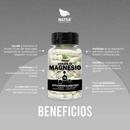 Citrato de magnesio 1000mg por porción de Natsa | Contribuye en la Función Muscular y de los Huesos | 100 cápsulas vegetales