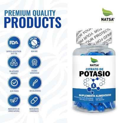 Citrato de Potasio 1000mg por porción de Natsa | Regula la Presión Arterial - Equilibrio de Electrolitos | 100 cápsulas vegetales