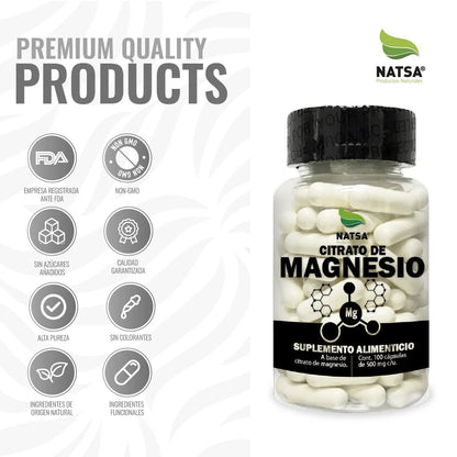 Citrato de magnesio 1000mg por porción de Natsa | Contribuye en la Función Muscular y de los Huesos | 100 cápsulas vegetales