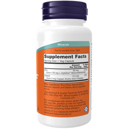 L-OptiZinc 30 mg con Cobre NOW | Favorece el equilibrio mineral en el organismo |100 cápsulas