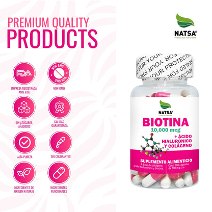 Biotina 10,000mcg + Ácido hialurónico + Colágeno - 500mg por cápsula de Natsa | Fortalece Piel, Uñas y Cabello | 100 cápsulas vegetales
