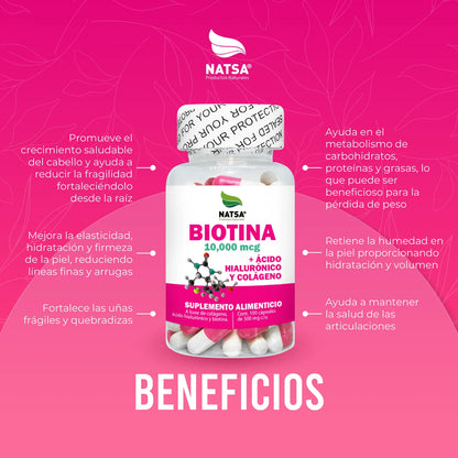Biotina 10,000mcg + Ácido hialurónico + Colágeno - 500mg por cápsula de Natsa | Fortalece Piel, Uñas y Cabello | 100 cápsulas vegetales