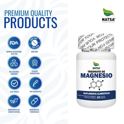 Treonato de magnesio 1000 mg por porción de Natsa | Apoyo de la Función Cognitiva | 60 cápsulas vegetales