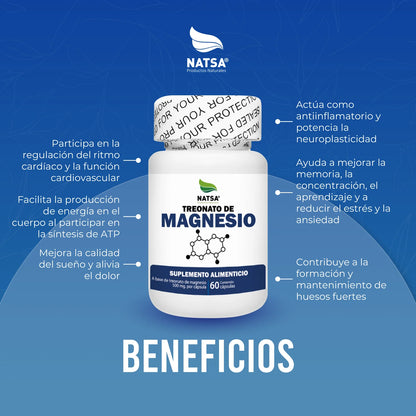 Treonato de magnesio 1000 mg por porción de Natsa | Apoyo de la Función Cognitiva | 60 cápsulas vegetales